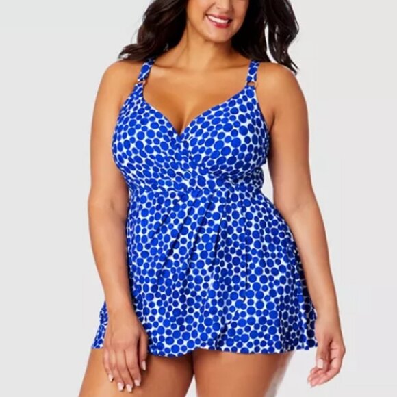 NEW! Anne Cole Blue White Dot Print Surplice One Piece Swimdress Swimsuit NEW! - Picture 1 of 3